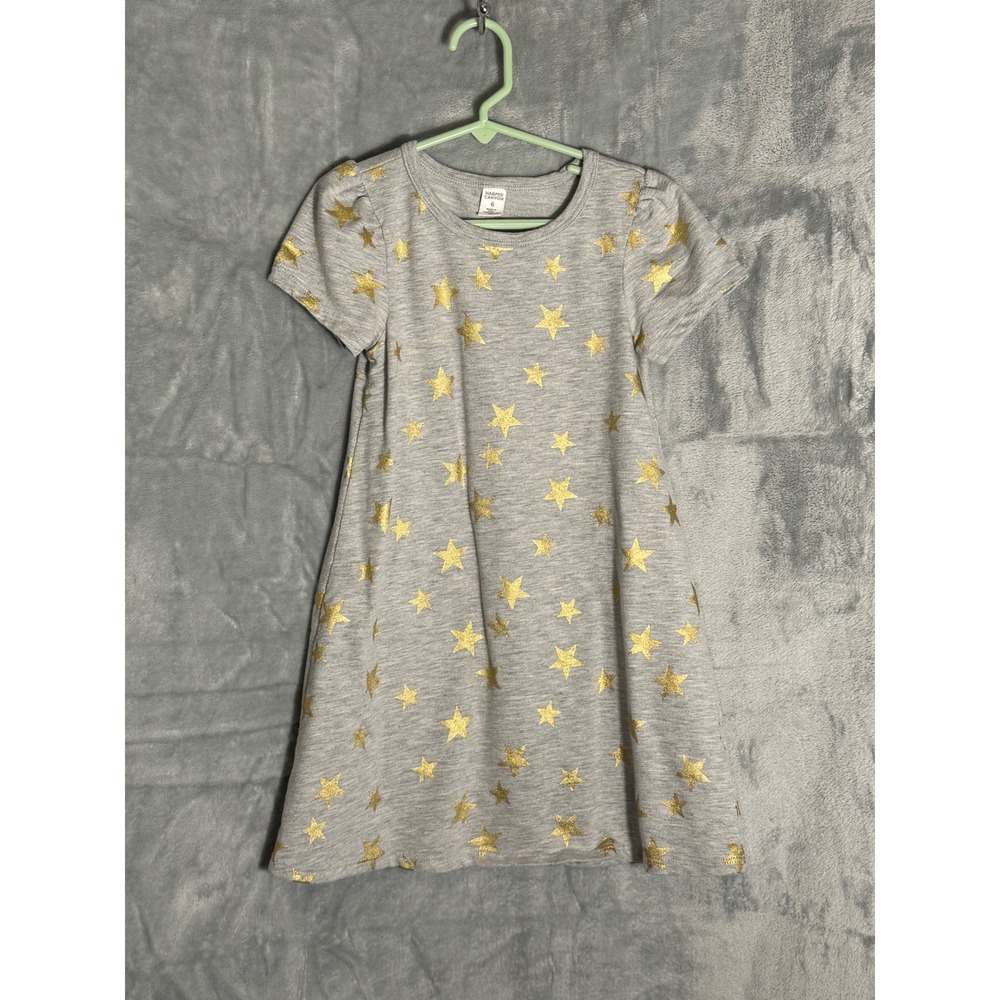 Harper Canyon Girls Gray Gold Metallic Star Print Short Sleeve Dress Size 6